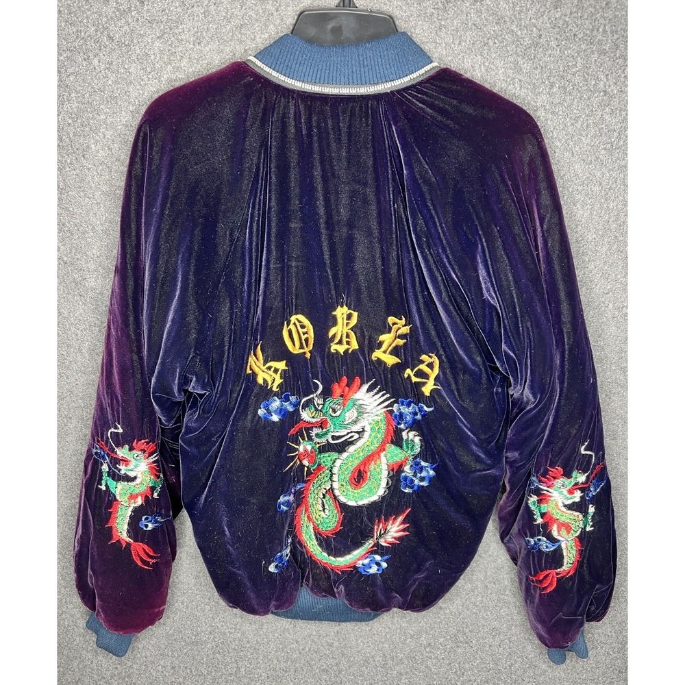 VTG 80s Korea War Souvenir Bomber Jacket Sz L Dragon Floral Embroidered Purple